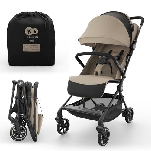 Kinderkraft NEBO passeggino da cabina ultraleggero, chiusura a una mano, resta in piedi da chiuso, 51×43×21 cm, tracolla e borsa, posizione distesa, cinture 5 punti, Beige