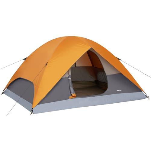 Amazon Basics Tenda da campeggio a cupola, con antipioggia e borsa per il trasporto, facile da montare, 3 stagioni, 2 persone, Arancione e grigio