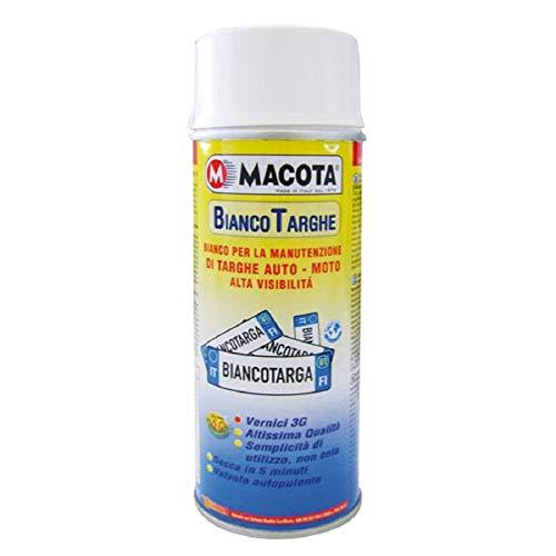TRS® MACOTA VERNICE BIANCO TARGHE SMALTO SPRAY MANUTENZIONE RINNOVA RIGENERA RAVVIVA TARGA AUTO MOTO CAMPER FURGONE CARAVAN ALTA VISIBILITA' ASCIUGATURA RAPIDA VALVOLA AUTOPULENTE 400 ML