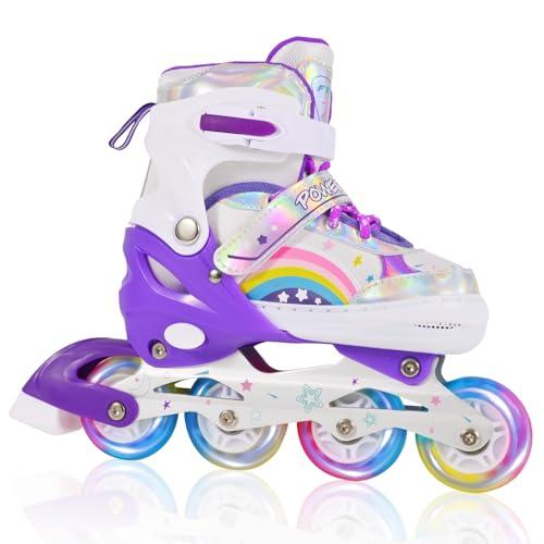 LOKJIJI Pattini in linea regolabili per bambini ragazze ragazzi principianti, Pattini a rotelle per bambino e adolescente per lo sport Viola Arcobaleno (grande)