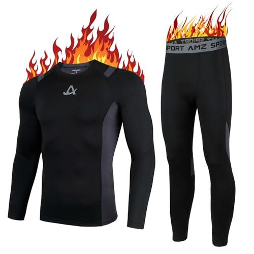 AMZSPORT Set Intimo Termico Uomo, Ideale per Sci e Ciclismo, Asciugatura Rapida e Compressione, Base Layer di Biancheria Intima per Palestra e attività Outdoor, Nero M
