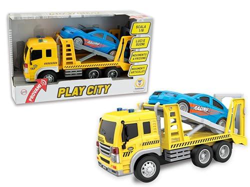 Teorema Giocattoli 1:16 Camion Giocattolo per Bambini, Grande Bisarca Scala Macchina da Corsa, Veicolo con Luci, Suoni e Movimento a Frizione, Giallo
