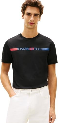 Tommy Hilfiger Uomo T-Shirt Maniche Corte Brand Love Stripe in Cotone, Nero (Black), L
