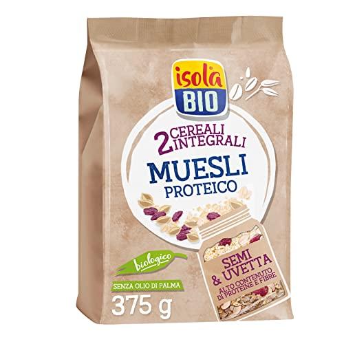 Isola Bio Muesli Proteico Biologico con Semi e Uvetta, Ricco di Fibre e Proteine, 100% Ingredienti Naturali, Senza Zuccheri Aggiunti, per Vegani e Vegetariani, Formato 375 gr