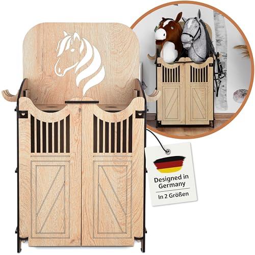 Hoofly Hobby Horse Stalla – Accessorio Funzionale con Porte, Spazio Contenitivo e Ganci/Stalla in Legno per 2 Cavalli a Bastone/Supporto Stabile per Hobby Horse