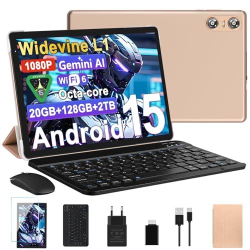 Biegedy Tablet 10 Pollici Android 15, Tablets 20GB RAM+128GB ROM (2TB TF), Octa-Core, Tablets 5G+2.4G WiFi 6, Widevine L1, GMS, Bluetooth 5.0, 6000mAh, 5+8MP, Tablet 2 in 1 Tastiera + Mouse - Oro