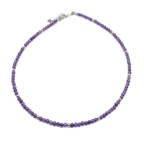 Collana uomo con perle di ametista da 4 mm e perle acciaio