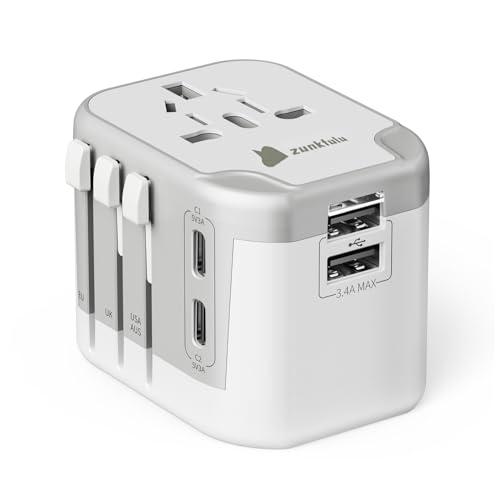 zunkfulu Adattatore da Viaggio Universale con 2 USB C, 2 USB A, e 1 CA Adattatore da Viaggio, Adatto per più di 200+ paesI(bianco)