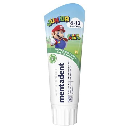 Mentadent Dentifricio Junior, Dentifricio Bambini 6-13 Anni, Gusto Menta Delicata, Con Tecnologia Remineralizzante, Protezione dalla Carie, Ideale per Denti da Latte, 97% Ingredienti Origine Naturale