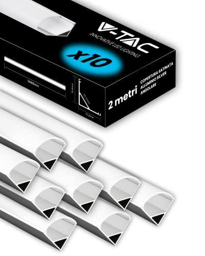 V-TAC 10x Profili Angolari da 2 METRI per Strisce Led - (20 Metri Totali) - Profili per Strisce LED in Alluminio con Copertura Satinata - Colore Argento - Angoli 21,3 x 15,8mm