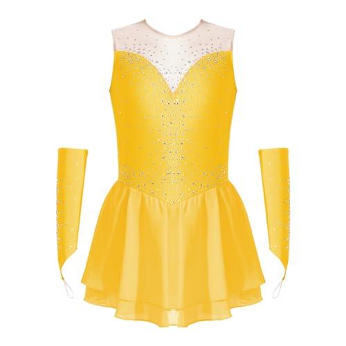 Oyolan Vestito da bambina con pattinaggio artistico, con strass, da ballo, per ginnastica brillante, 5-16 anni, giallo, 9-10 Anni