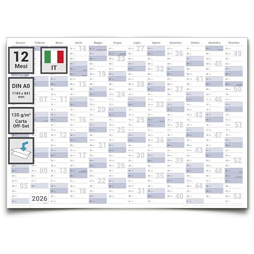 Gigatime 1x Din A0 Calendario da Parete 2026 – Organizzatore Annuale Grande Formato 118,8 x 84,0 cm, Materiale 135g/m², Piegato – Calendario in Italiano