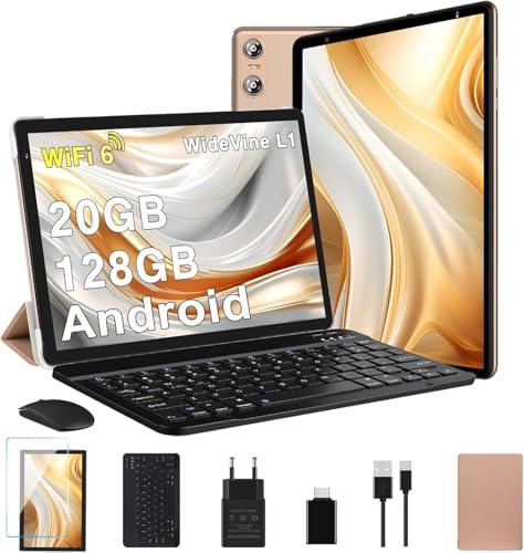Biegedy Tablet 10 Pollici Android Tablet 20GB RAM+128GB ROM (1TB TF), Tablets 5G/2.4G WiFi 6 Octa-Core, Widevine L1/GMS/Bluetooth 5.0/6000mAh/5+8MP, 2 in 1 Tastiera+Mouse - Oro