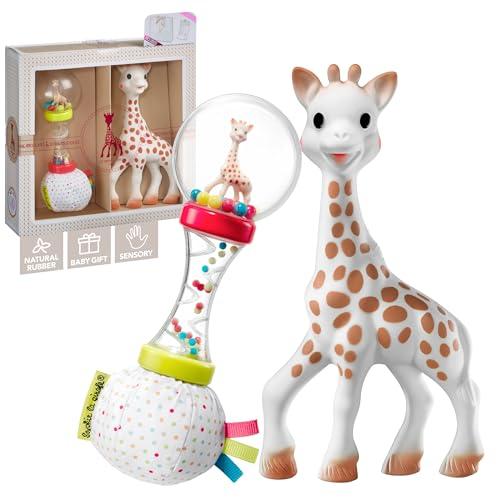 SOPHIE LA GIRAFE, Confezione regalo neonato Sophie la girafe + morbido sonaglio maracas, Contiene 1 giocattolo da masticare in gomma 100% naturale, 1 sonaglio, Set attività per bambini