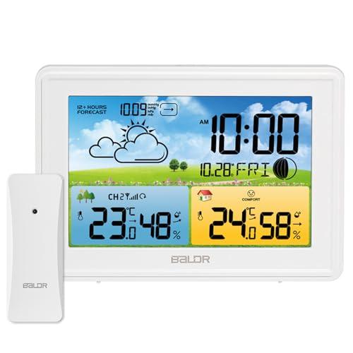 LEVIPE Stazione Meteo con Sensore Esterno,Display a Colori, Termoigrometro Interno/Esterno, Barometro Previsioni Meteo, Oradio Radio Controllata, Allarmi – Perfetta per Casa, Ufficio, Giardino