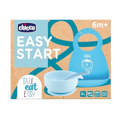 Chicco Set Pappa Silicone Easy Start, Set Pappa Bambino Antiscivolo, Senza BPA, Set Svezzamento 3 Pezzi Composto Da Bavaglino Rigido Easy Roll, Ciotola Easy Con Ventosa e Cucchiaino, 6M+, Azzurro
