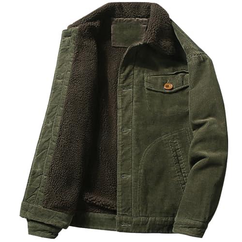 Juneyou Giacca da uomo in velluto a coste con colletto rialzato, foderato in sherpa, caldo cappotto con tasche, Verde militare, XL