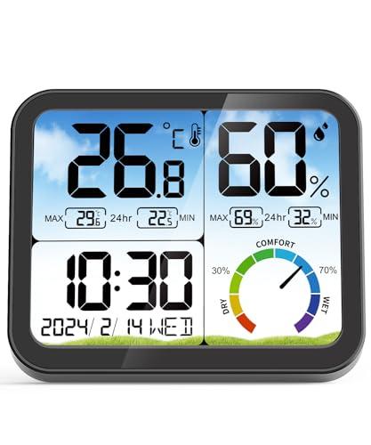 VOCOO Termometro digitale per interni – 5,8 pollici,display extra grande,misuratore di umidità accurato,termometro per ambiente con calibrazione,registrazioni max-Min,comfort,controluce,data (Black)