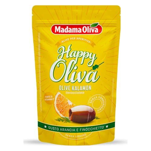 Madama Oliva Olive Kalamon Denocciolate 80g, Varietà Kalamon, Gusto Arancia e Finocchietto, Lavorazione Naturale, Senza Conservanti, Atmosfera Protettiva, Pratiche Bustine Easy Open