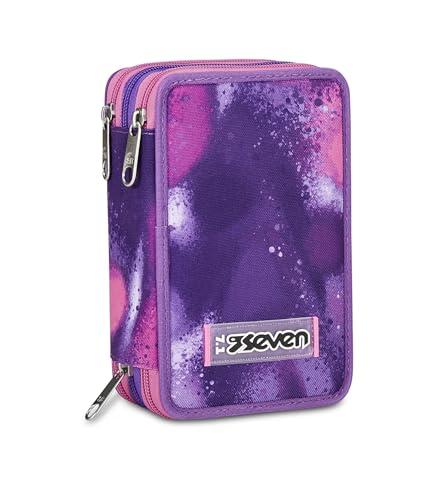 Seven Astuccio Scuola 3 Zip, Rosa Viola Fucsia, Bubble Street, Portapenne Triplo Scomparto Completo Di Penne, Matite, Colori, Accessori Zaino, Elementari, Medie, Bambina