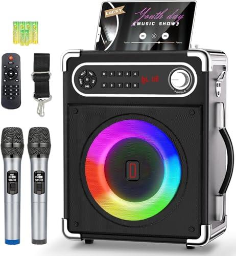 Macchina per karaoke con 2 microfoni wireless, altoparlante portatile Bluetooth 5.3 con luci LED, regolazione bassi/acuti, sistema PA con telecomando, supporta FM/AUX/USB/TF per feste