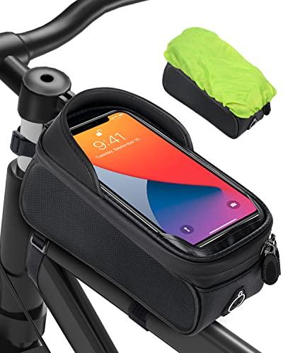 Borsa da bicicletta, telaio per bicicletta, supporto per cellulare, borsa per telaio, borsa per manubrio, supporto per cellulare, tasca superiore con foro per cuffie per smartphone sotto i 6,8