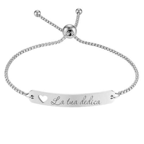 Vero Bijoux Bracciale cuore personalizzato con incisione Nome Data - Bracciale donna in Acciaio Inossidabile - Waterproof - Made in Italy - Incisione laser permanente (Argento)