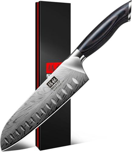 SHAN ZU Coltelli da Cucina in Acciaio a Polvere, Coltello Giapponese Santoku 20 cm Ultra Affilati Coltello da Chef Multiuso Professionale ad alto Tenore di Carbonio con Manico Ergonomica in Pakkawood