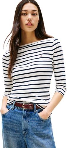 Tommy Hilfiger Maglietta Maniche Lunghe Donna Slim Scollo a Barca, Multicolore (Breton/ECU/Dark Night Navy), S