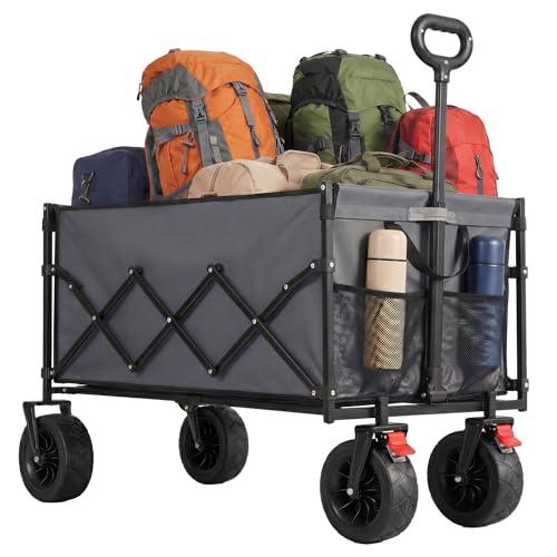 SONGMICS Carrello Pieghevole, Carrello da Giardino, con Manico, 4 Ruote Rinforzate di cui 2 Universali, per Esterni, Giardino, Portante di 180 kg, 200 L, Grigio Tortora GFW201G101