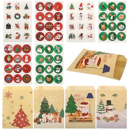 Kesote 60 Pezzi Sacchetti Regalo Natale, Buste Regalo Natale Set di 60 Sacchetti + 72 Adesivi di Sigillo per Regalo, Caramelle, Biscotti, 13 x 18 cm