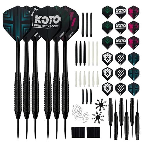 KOTO - Freccette con Punta in Acciaio, 90 Accessori: 6 Set di Aste (Nylon), Alette 100 Micron (55 mm + 8,6 mm), Ottone di Alta qualità