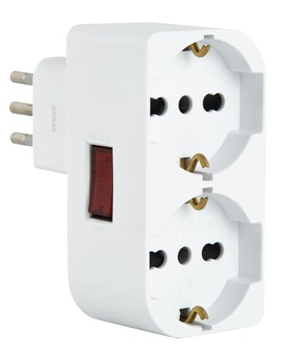 Electraline 71948 Adattatore Doppio Salvaspazio due Posti frontali P40 polivalenti (10/16A + Schuko tedesca), Spina piccola 10A fuoriasse per non sovrapporsi a prese/interruttori, interruttore ON/OFF