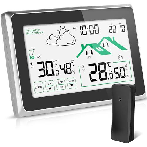 Stazione Meteo con Sensore Esterno, Termometro Digitale Igrometro per Interni ed Esterni, Schermo LCD con Retroilluminazione 12/24 ore Previsioni Meteo Automatiche per Ufficio Casa Camera da Letto