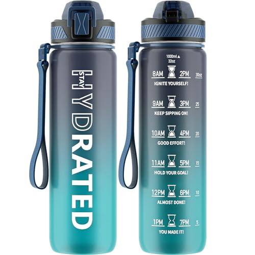 QLUR Borraccia 1 Litro, Borraccia Sportiva con Cannuccia e Orari per Bere, 1L Borraccia Palestra Motivazionale, senza BPA, Borracce a Prova Di Perdite per Palestra, Scuola, Yoga