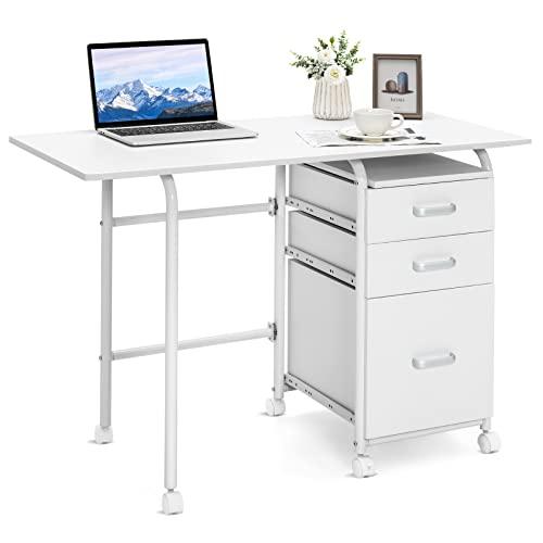 COSTWAY Scrivania Salvaspazio con 3 Cassetti e Ruote Bloccabili, Scrivania Porta PC Pieghevole con Struttura in Metallo per Studio e Ufficio, 105 x 50 x 75 cm, Portata 100 kg (Bianco)
