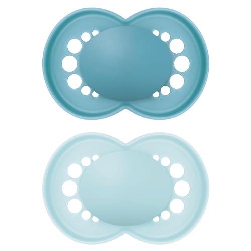 MAM Ciuccio originale in set da 2 pezzi, adatto ai denti, realizzato con materiali sostenibili e rinnovabili, tettarella in silicone MAM SkinSoft, con scatola per ciuccio, 16 mesi, blu/azzurro
