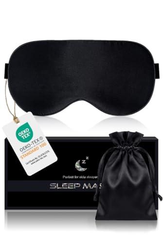Aosun Mascherina per Dormire, Maschera per Dormire in Pura Seta di Gelso al 100% - Mascherina Occhi per Dormire Ipoallergenica Oscurante con Fascia Regolabile (Nero)