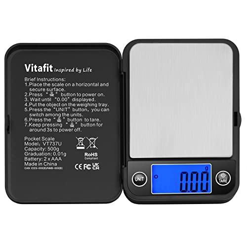 Vitafit Tascabile Digitale 500g/0,01g con Tara e Calibrazione Alimenti Pesa Bilance, Mini Bilancia di Precisione Digitale per Cucina Gioielli Oro Bilancia, 11x8.2cm, Nera