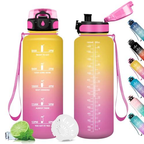 Borraccia 1.5L, Borraccia con Filtro, Bottiglia Riutilizzabile, Bottiglia Acqua a Prova di Perdite, Bottiglia Acqua con indicatore Orario, Borracce per Bici, Scuola, Fitness, Sport, Gym, Yoga