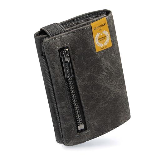 GUGGIARI Porta carte di credito anti-RFID con elastico, tasche per monete e banconote, portafoglio a 4 persiane da uomo, compatto e sottile con tasca per monete, carbone, 10 cm x 7 cm x 1.5 cm