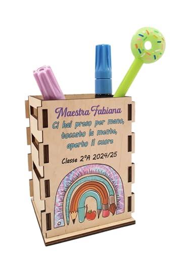 Faltec Portapenne in Legno Personalizzato,idea regalo personalizzato maestre - regalo di fine anno - chiusura scuole - albero della vita ed arcobaleno - grafiche a colori (Arcobaleno)