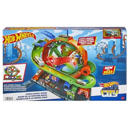 Hot Wheels City - Ruota Panoramica, playset con pista circolare attivabile con luci e suoni del luna park, 1 macchinina Hot Wheels inclusa, giocattolo per bambini, 3+ anni, HKX46