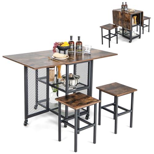 COSTWAY Set Tavolo da Pranzo Pieghevole 3 Pezzi, Tavolo da Pranzo Estendibile con 2 Sgabelli, con Ruote Bloccabili, 2 Ripiani di Archiviazione a Rete, Set da Pranzo per Soggiorno, Sala da pranzo