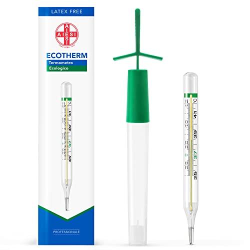 AIESI® Termometro Clinico classico in vetro per febbre al gallio senza mercurio per adulti e bambini ECOTHERM, Astuccio per resettaggio rapido, Ecologico, Garanzia Italia 24 mesi