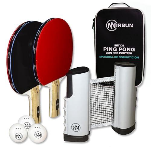 NIRBUN Set Ping Pong con Rete Estensibile - Pale Ping Pong Professionale - Palline Pong 3 Stelle - Rete Ping Pong Regolabile Tavolo - Ping Pong Set Portatile (Set 2 giocatori)