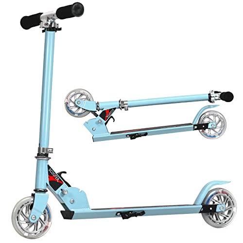 COSTWAY Monopattino Bambini, Monopattini con 2 Ruote Luci, Manubrio Regolabile in 3 Altezze, Freno Posteriore, Cavalletto e Pedana Larga, Portata 70 kg, Adatto ai Bambini 5-13 Anni, Azzurro (Azzurro)