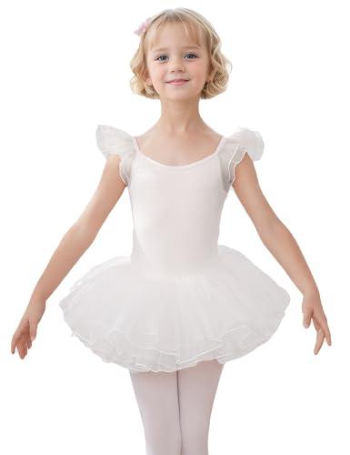 HIPPOSEUS Ragazza Vestito da Balletto Tutu Body Danza Bambina Classica Balletto Abito Manica Corta,Y-04WDM-Bianco,4-5anni