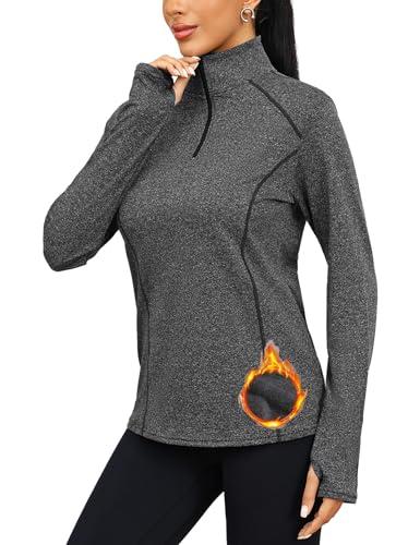Terecey Maglia Termica Invernale Maglietta Sportiva Donna a Manica Lunga Maglia Palestra Leggero Maglia Tecnica con Mezza Zip T Shirt Tennis Donna con Foro per Il Pollice S-3XL