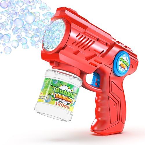 Blubbel Sparabolle di Sapone LED, Pistola Giochi, Macchina Automatica, Bubble Gun, Cannone d’Aria, Giocattolo Matrimonio, Regalo Estivo Bambini, 120ml Liquido Incluso